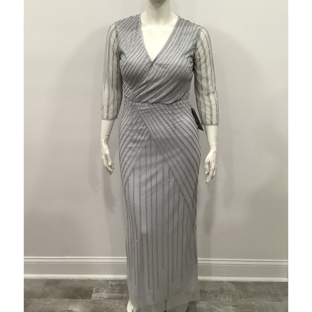 JS Collections Formal‎ Gown Womens Gray Blue Beaded Illusion Evening Dress SZ 10